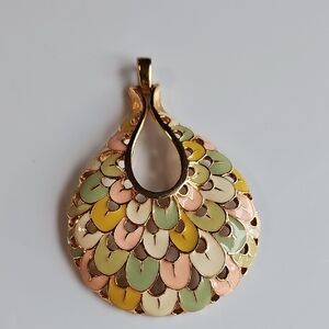 Gold Enamel Pendant Teardrop Peacock Green Cream Pink